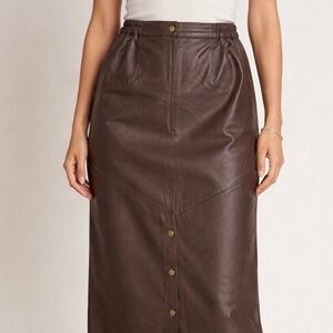VTG Diana Marco Dark Brown Genuine Leather Midi Skirt Womens L Tag 20 Snap Front